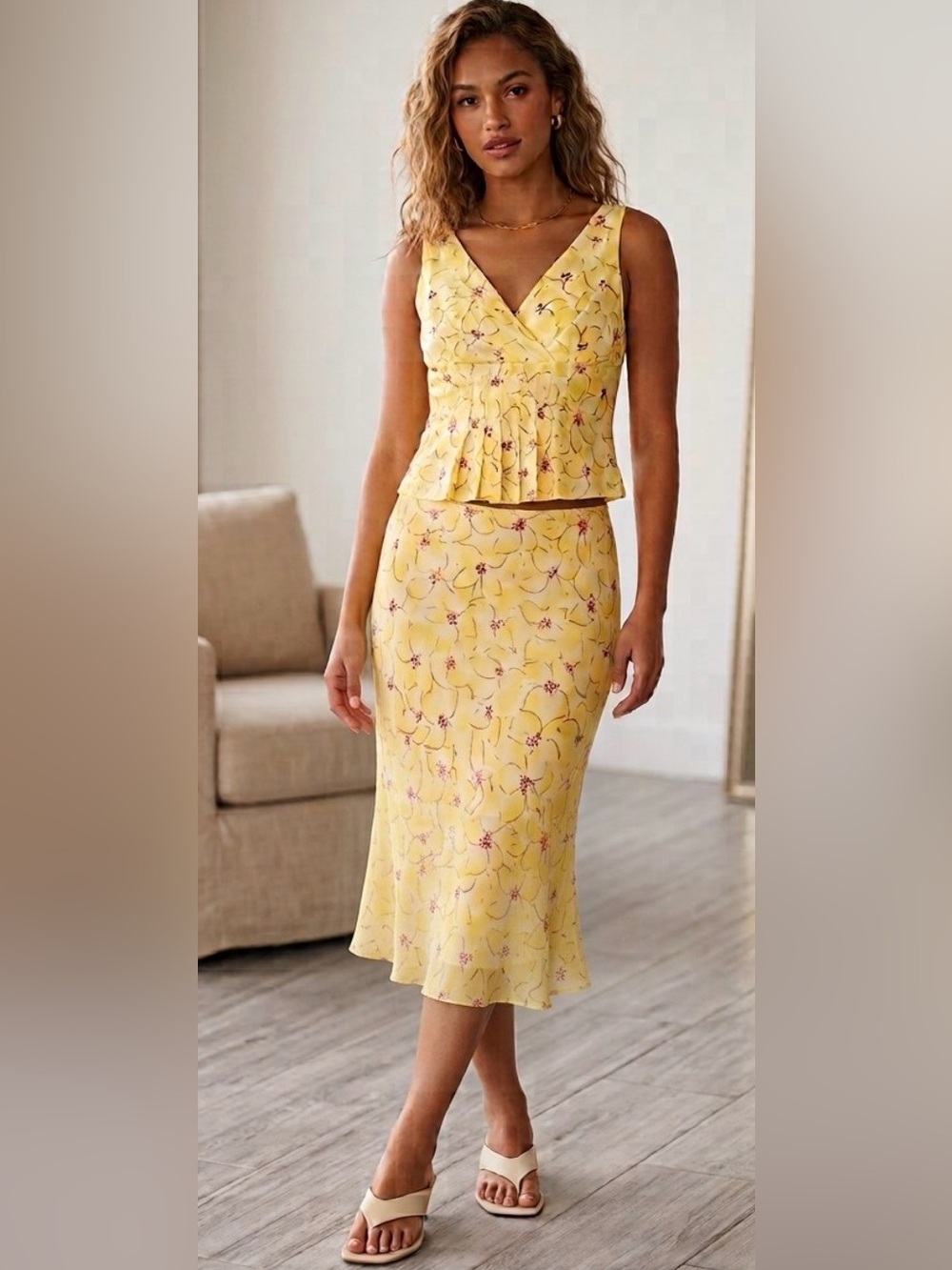 Ann Taylor 100% silk vintage Yellow Floral Midi Skirt and top set